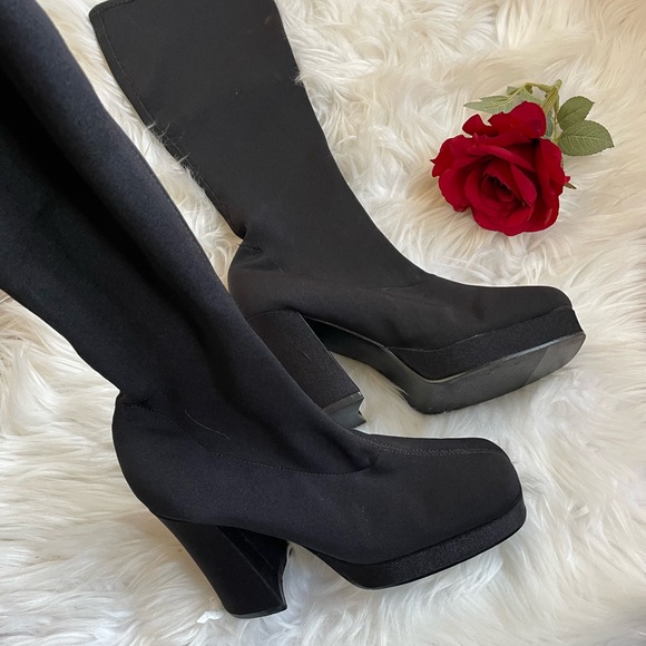 Vintage 90s  Grunge Square Toe stretch fabric/Sock knee-high boots - Picture 4 of 16